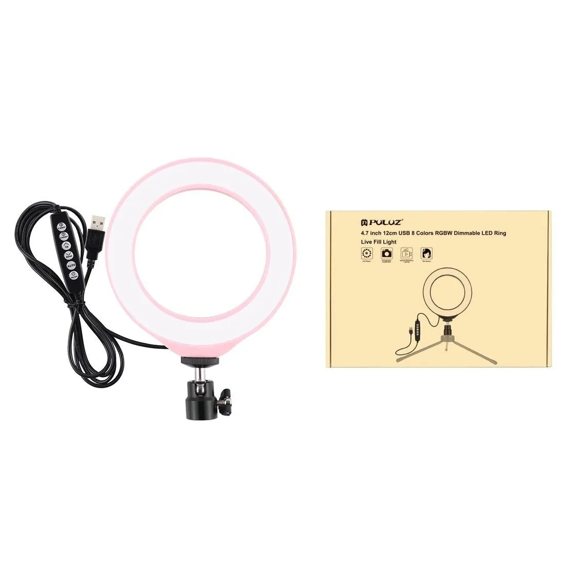 10 Mode RGBW LED Ring Light with Tripod & Ball Head | 4.7-Inch Curved Surface | Pink