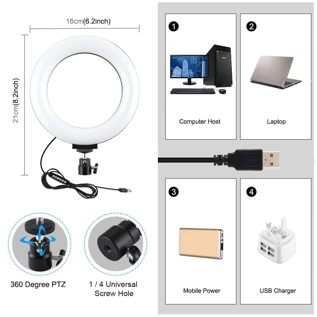 10 Mode USB LED Ring Light with Tripod & Ball Head | 6.2-Inch Diameter | Black