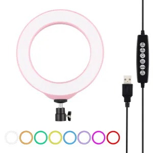 10-Mode USB LED Ring Light | With Tripod & Ball Head | 6.2 Inch Diameter | Pink
