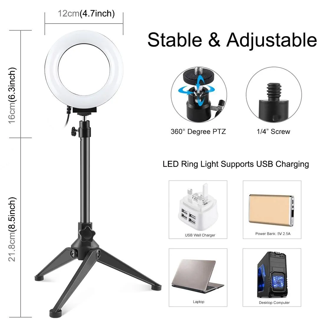 10 Mode USB LED Ring Light with Tripod Mount & Cold Shoe Ball Head | 4.7-Inch Diameter