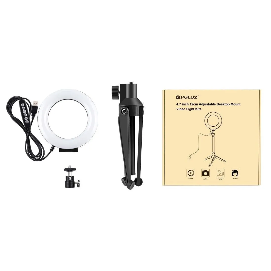 10 Mode USB LED Ring Light with Tripod Mount & Cold Shoe Ball Head | 4.7-Inch Diameter