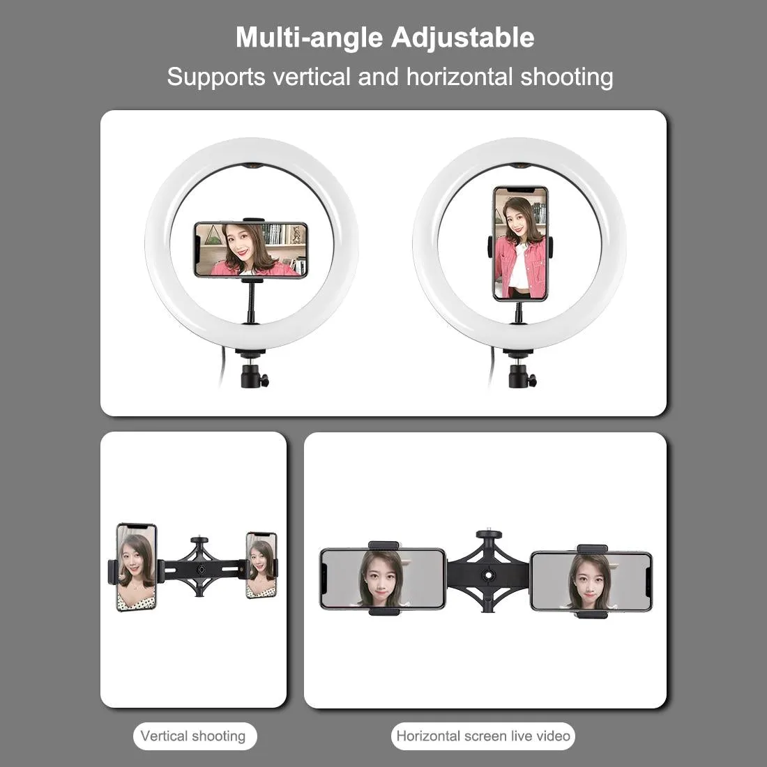 10.2 LED Ring Light with Tripod & Dual Phone Brackets | USB Dimmable | Dual Colour Temperature Selfie Remote | Black