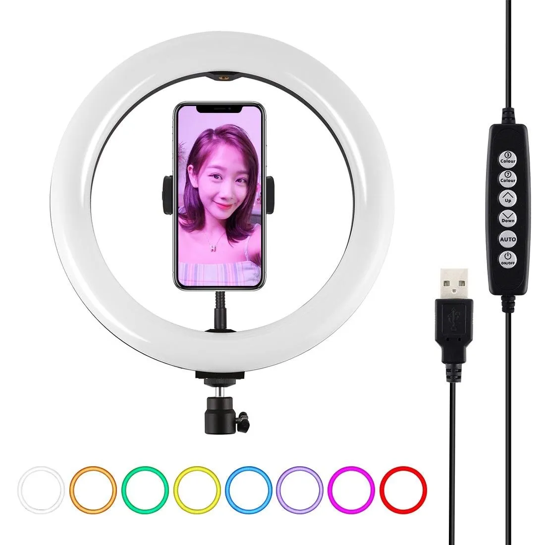 10.2" USB LED Ring Light with 10 Modes | Cold Shoe Tripod & Phone Clamp | Pink