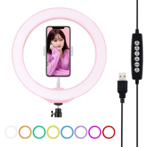 10.2" USB LED Ring Light with 10 Modes | Cold Shoe Tripod & Phone Clamp | Pink