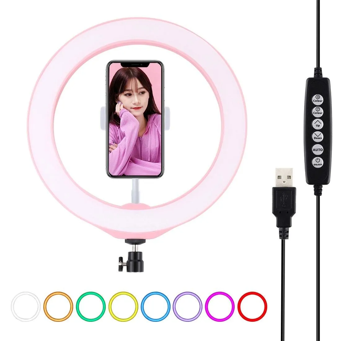 10.2" USB LED Ring Light with 10 Modes | Cold Shoe Tripod & Phone Clamp | Pink