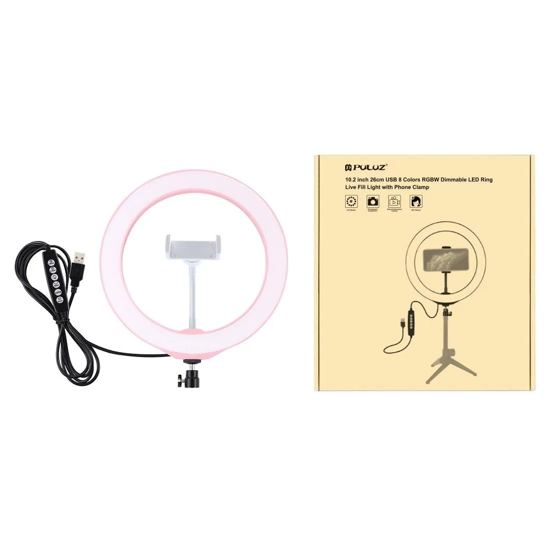 10.2" USB LED Ring Light with 10 Modes | Cold Shoe Tripod & Phone Clamp | Pink