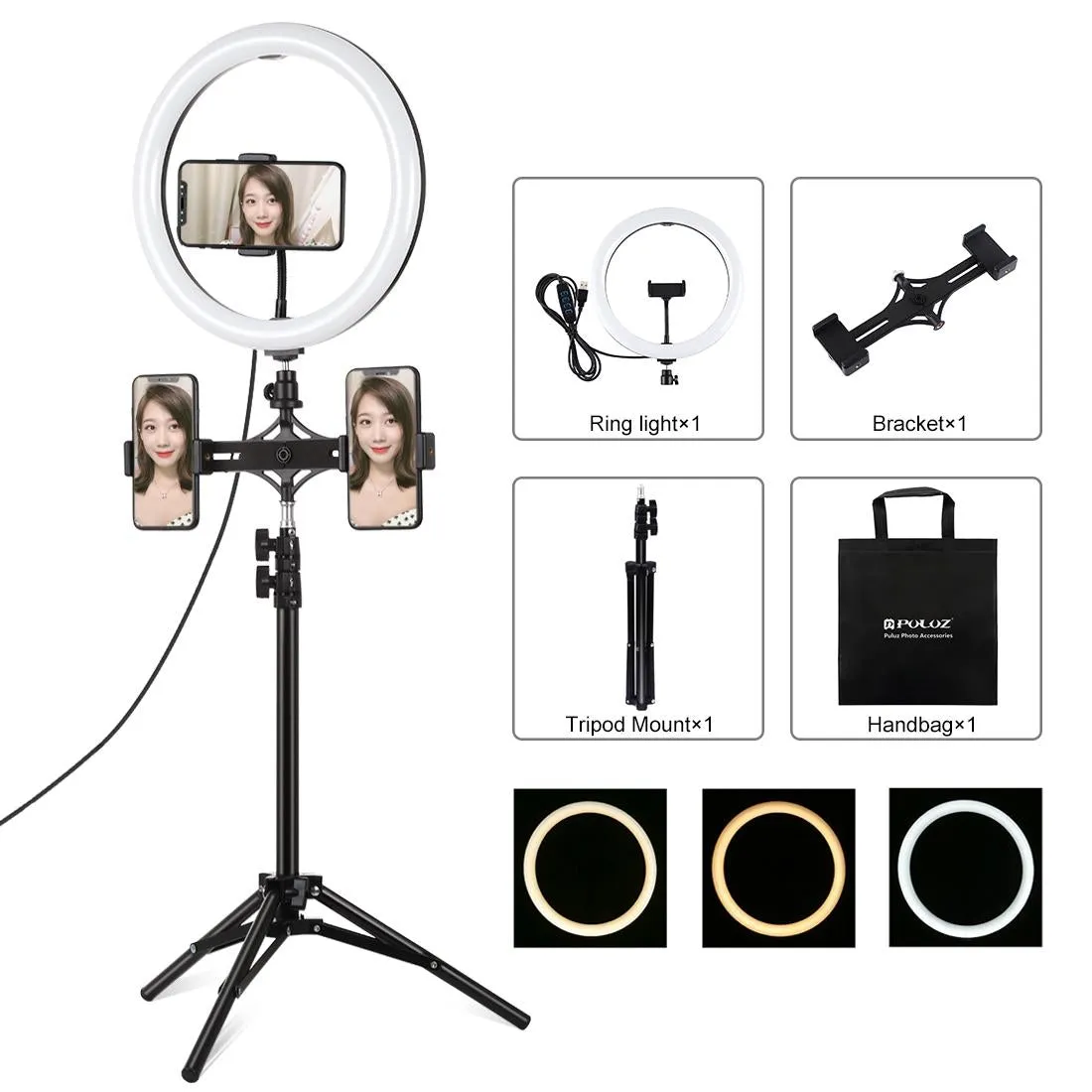 11.8" LED Ring Light with Tripod & Dual Phone Brackets | USB | 3 Modes | Dual Colour Temperature | Vlogging & Live Broadcast Kit