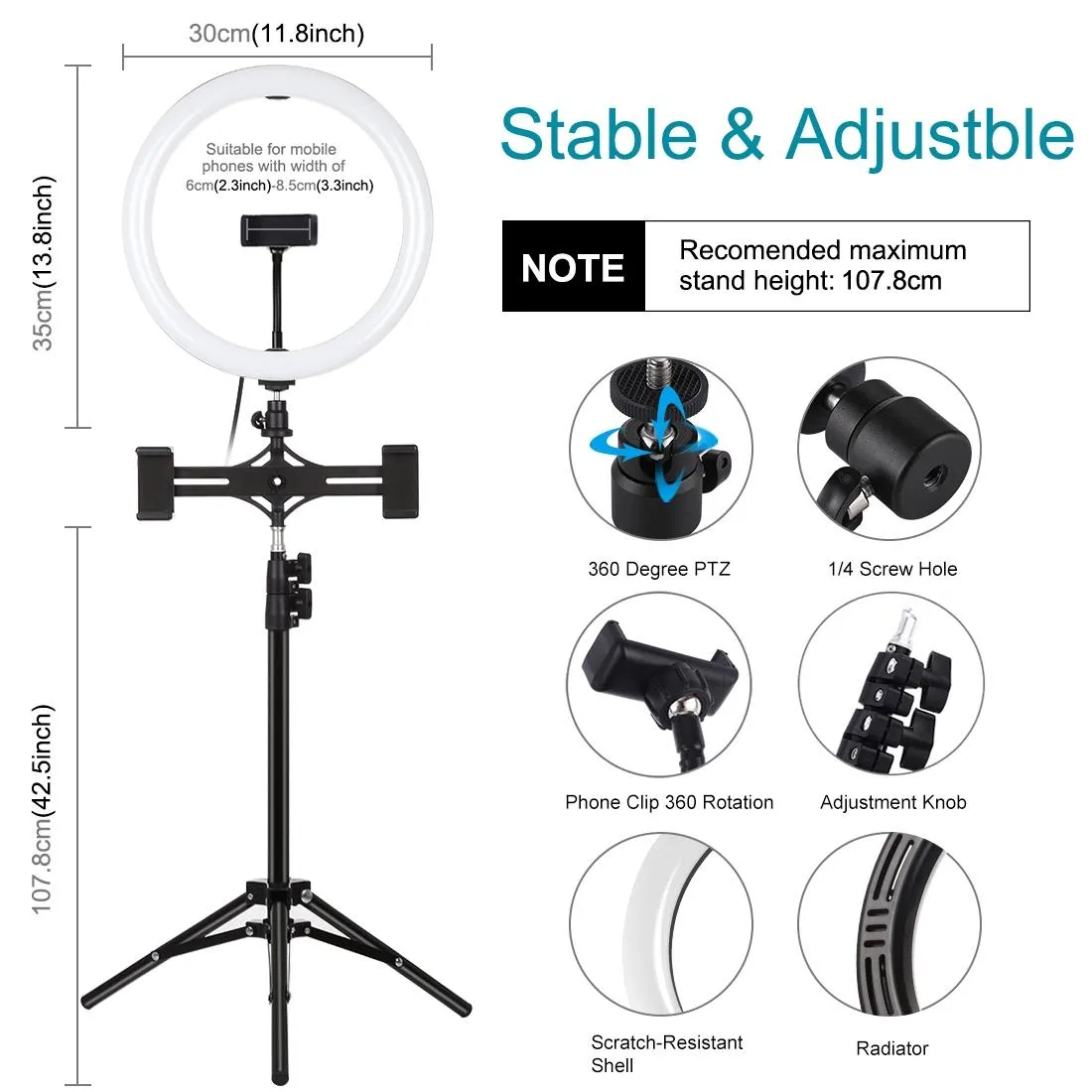 11.8" LED Ring Light with Tripod & Dual Phone Brackets | USB | 3 Modes | Dual Colour Temperature | Vlogging & Live Broadcast Kit