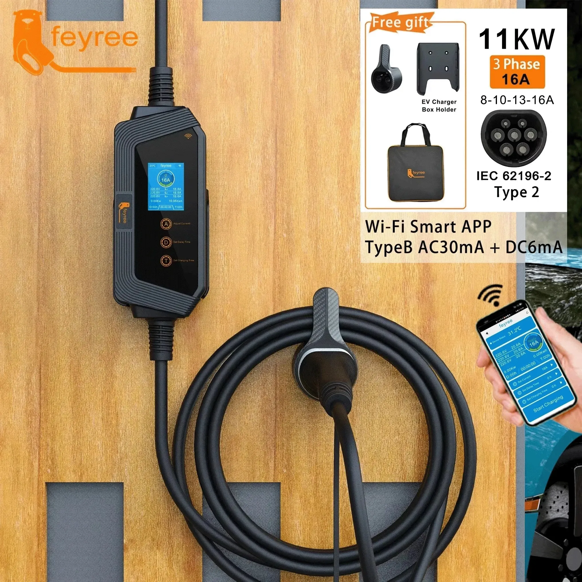 11KW Portable EV Charger with Wi-Fi & App Control