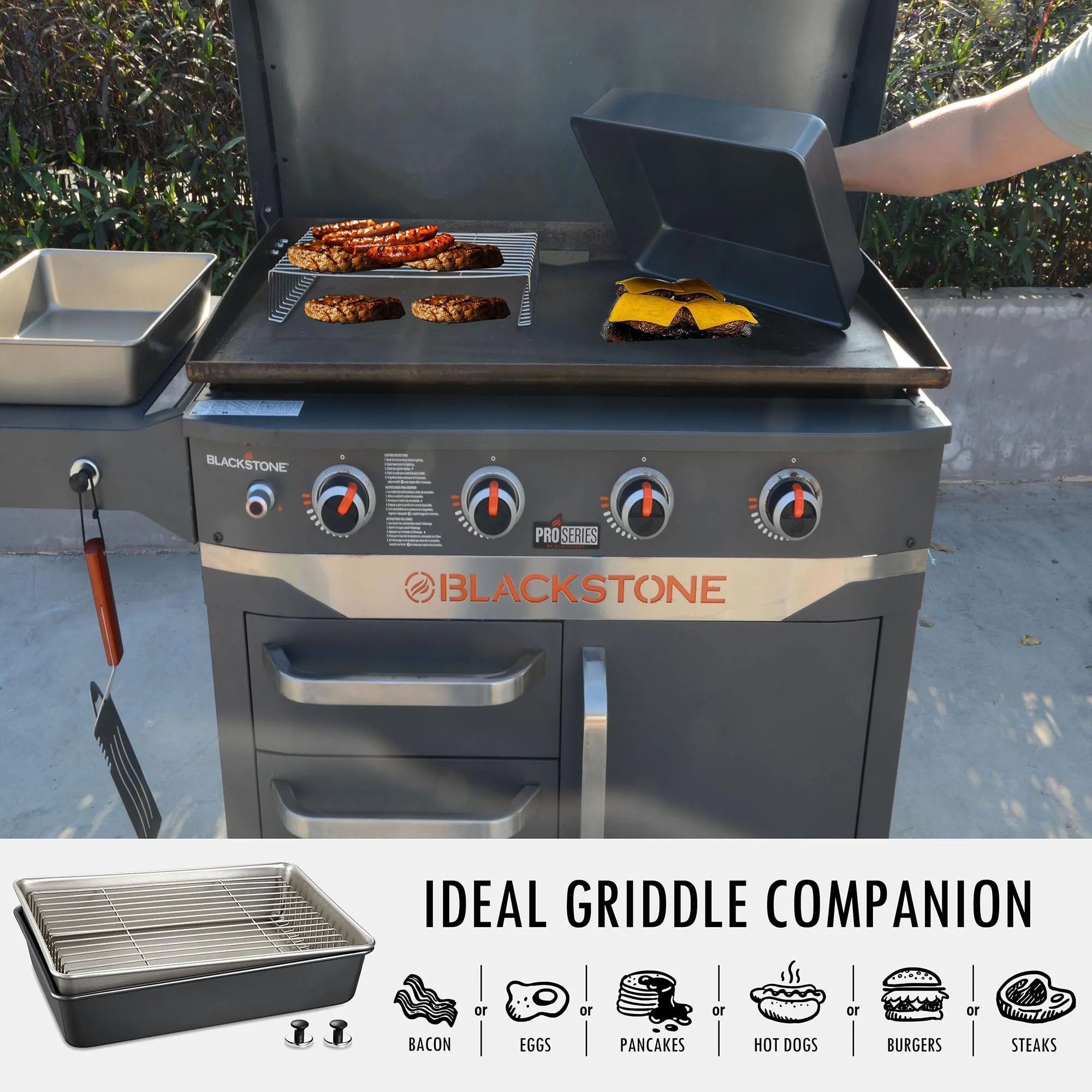 15.5" x 11" Rectangular Melting Dome/Basting Cover/Grill Prep Tray with Nonstick Coating Set of 2, Griddle Warming Rack, Flat Top Grill Accessories Kit for Indoor & Outdoor Cooking, Dishwasher Safe