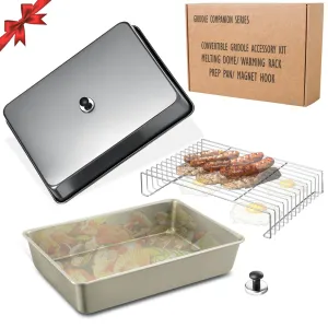 15.5" x 11" Rectangular Melting Dome/Basting Cover/Grill Prep Tray with Nonstick Coating Set of 2, Griddle Warming Rack, Flat Top Grill Accessories Kit for Indoor & Outdoor Cooking, Dishwasher Safe