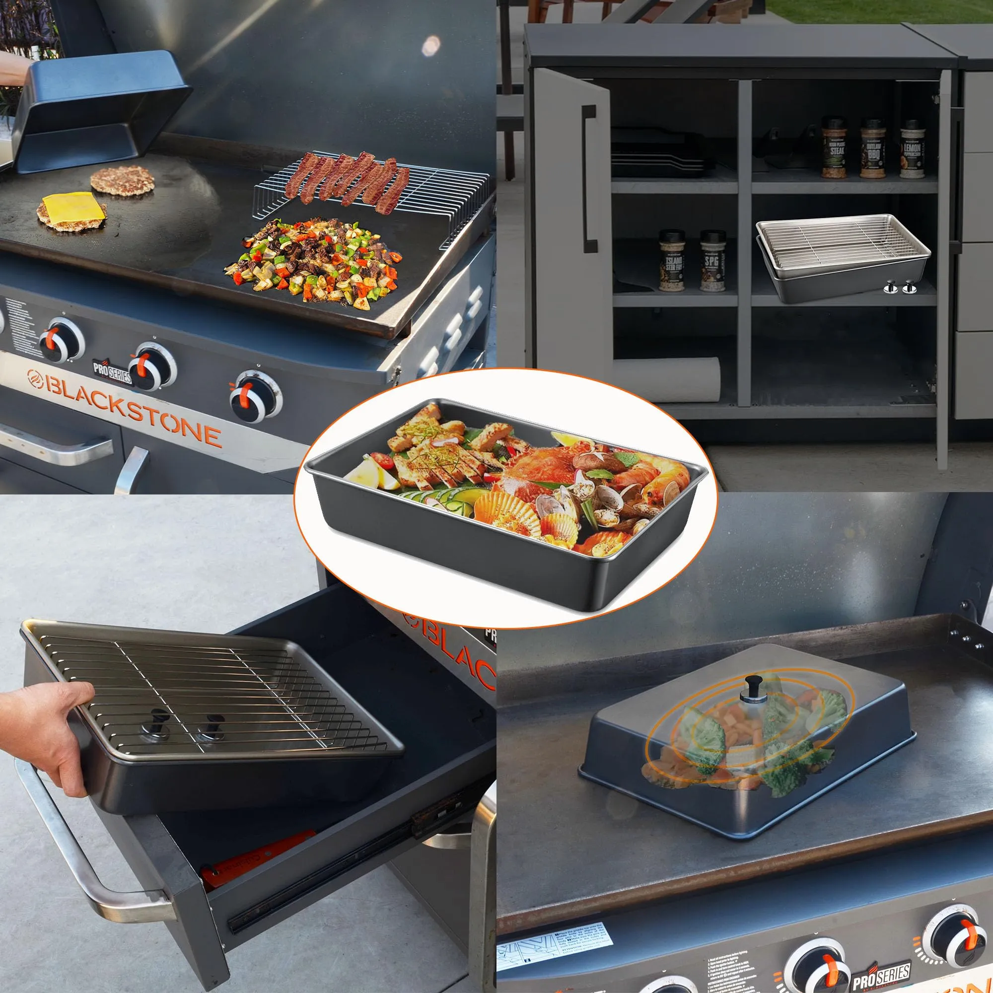 15.5" x 11" Rectangular Melting Dome/Basting Cover/Grill Prep Tray with Nonstick Coating Set of 2, Griddle Warming Rack, Flat Top Grill Accessories Kit for Indoor & Outdoor Cooking, Dishwasher Safe