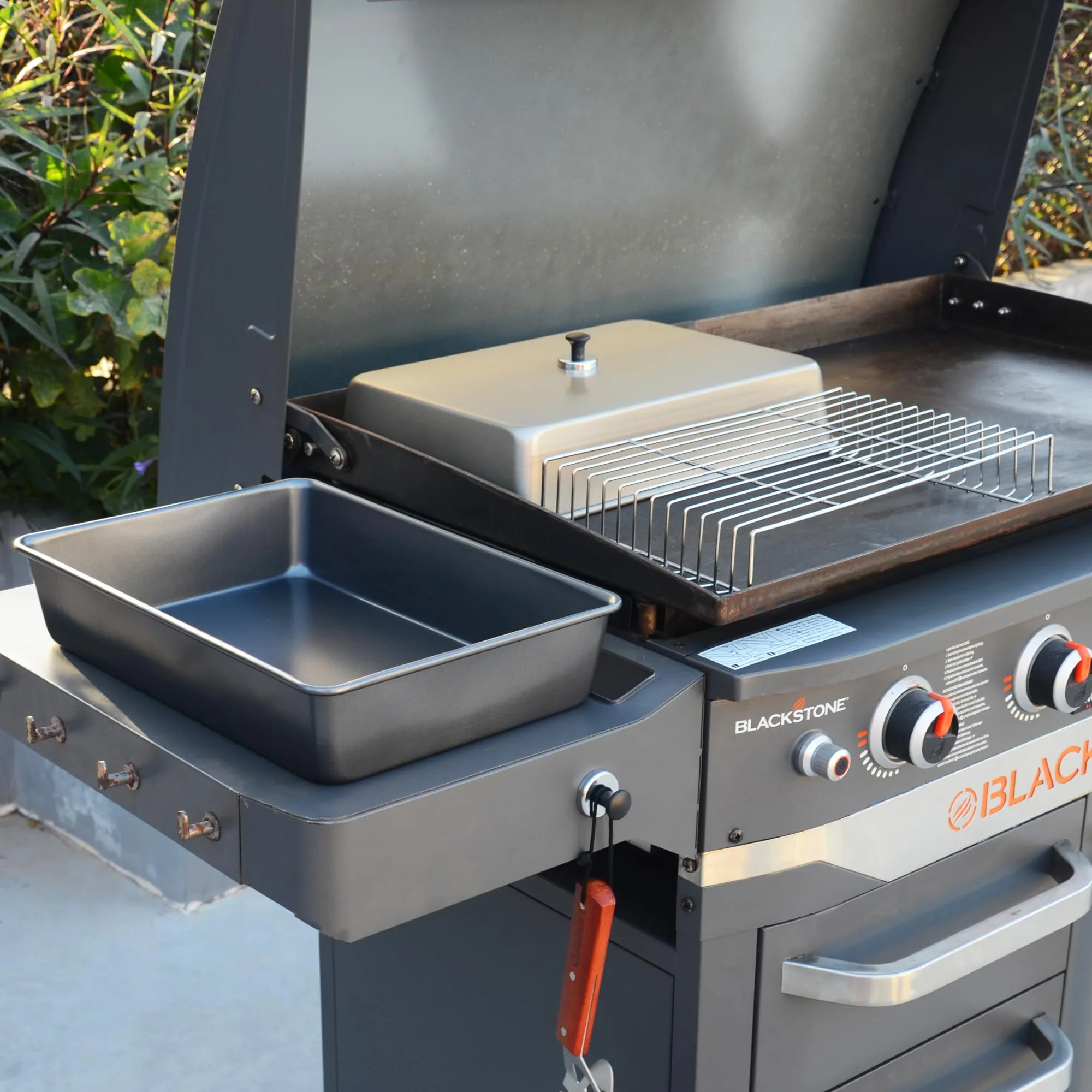 15.5" x 11" Rectangular Melting Dome/Basting Cover/Grill Prep Tray with Nonstick Coating Set of 2, Griddle Warming Rack, Flat Top Grill Accessories Kit for Indoor & Outdoor Cooking, Dishwasher Safe