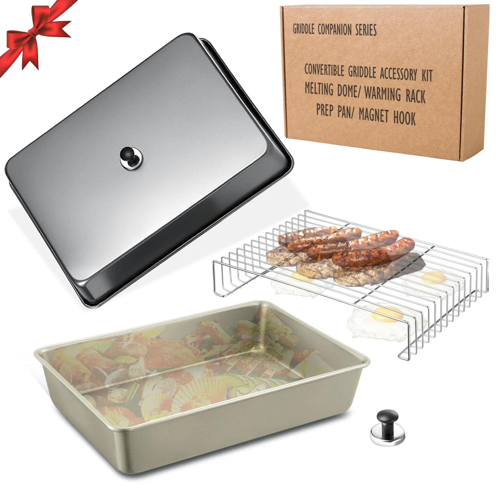 15.5" x 11" Rectangular Melting Dome/Basting Cover/Grill Prep Tray with Nonstick Coating Set of 2, Griddle Warming Rack, Flat Top Grill Accessories Kit for Indoor & Outdoor Cooking, Dishwasher Safe