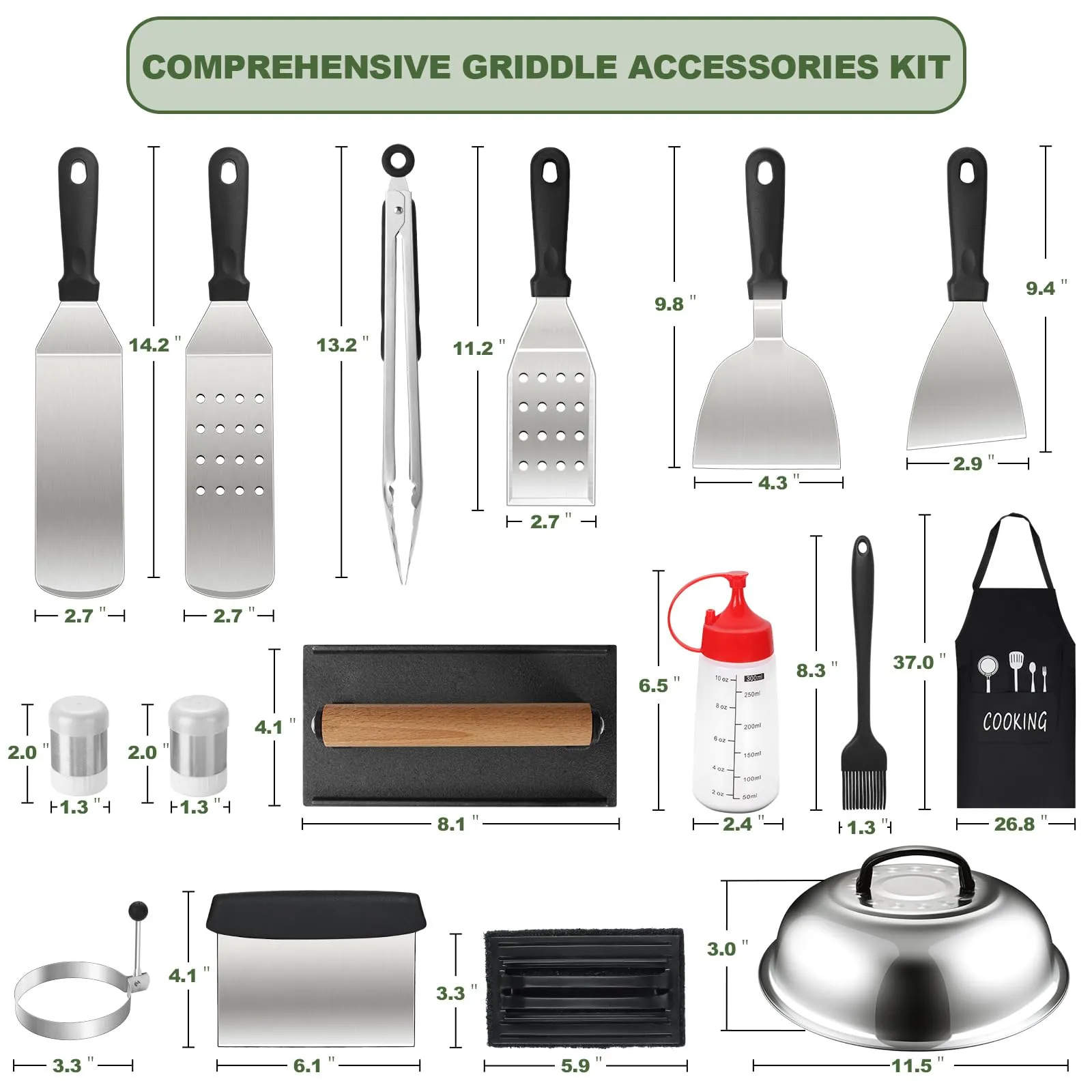 20PCS Griddle Accessories Kit, Flat Top Grill Accessories Set for Blackstone and Camp Chef, Grill Spatula Set with Enlarged Spatulas, Basting Cover, Iron Smash Burger Press for Outdoor Barbecue