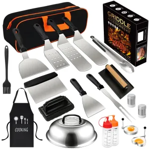 20PCS Griddle Accessories Kit, Flat Top Grill Accessories Set for Blackstone and Camp Chef, Grill Spatula Set with Enlarged Spatulas, Basting Cover, Iron Smash Burger Press for Outdoor Barbecue