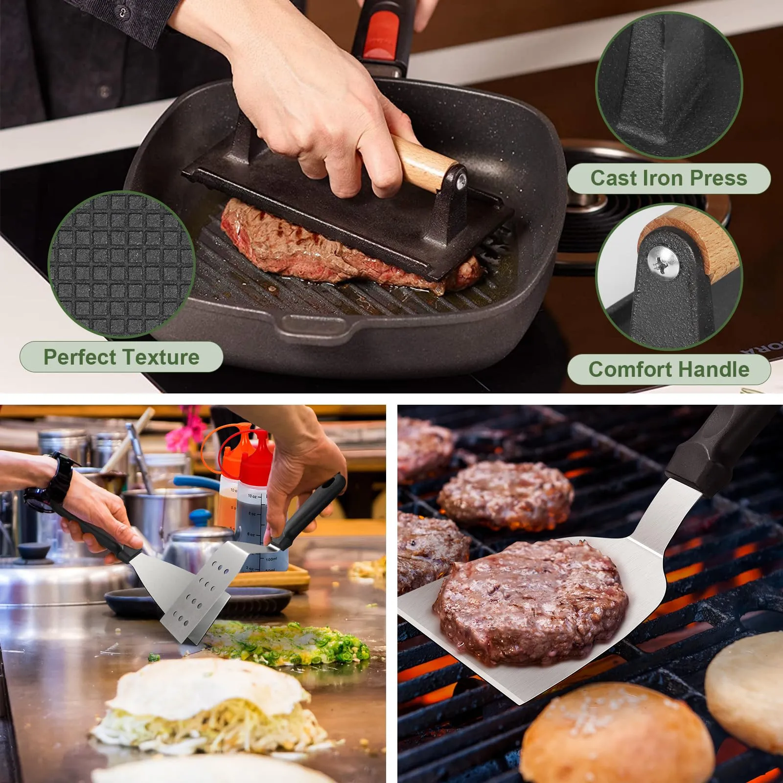 20PCS Griddle Accessories Kit, Flat Top Grill Accessories Set for Blackstone and Camp Chef, Grill Spatula Set with Enlarged Spatulas, Basting Cover, Iron Smash Burger Press for Outdoor Barbecue