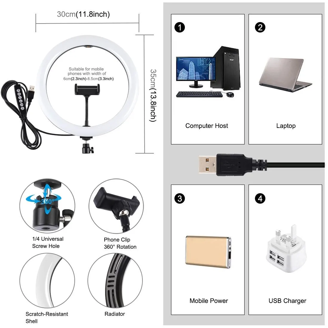 30cm Curved Surface LED Ring Light with Tripod & Phone Clamp | 10 Modes 8 Colours | USB Powered