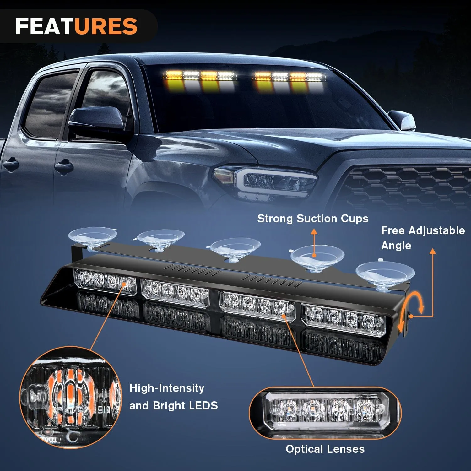 32LED Amber White Emergency Dash Strobe Lights with Controller Suction Cups