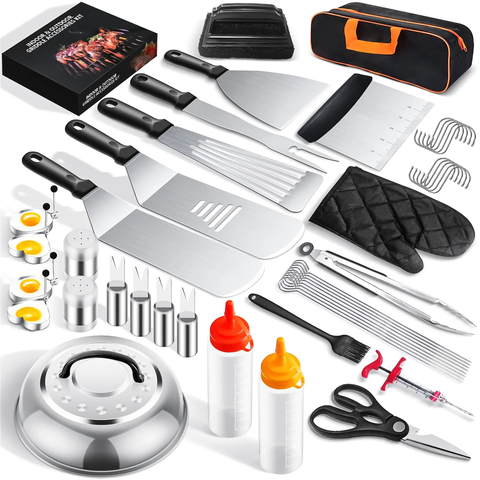 45PCS Griddle Accessories Kit, Flat Top Grill Accessories for Blackstone and Camp Chef, Griddle Spatula Set with Enlarged Spatulas, Basting Cover, Scraper, for Outdoor, Beach, Party