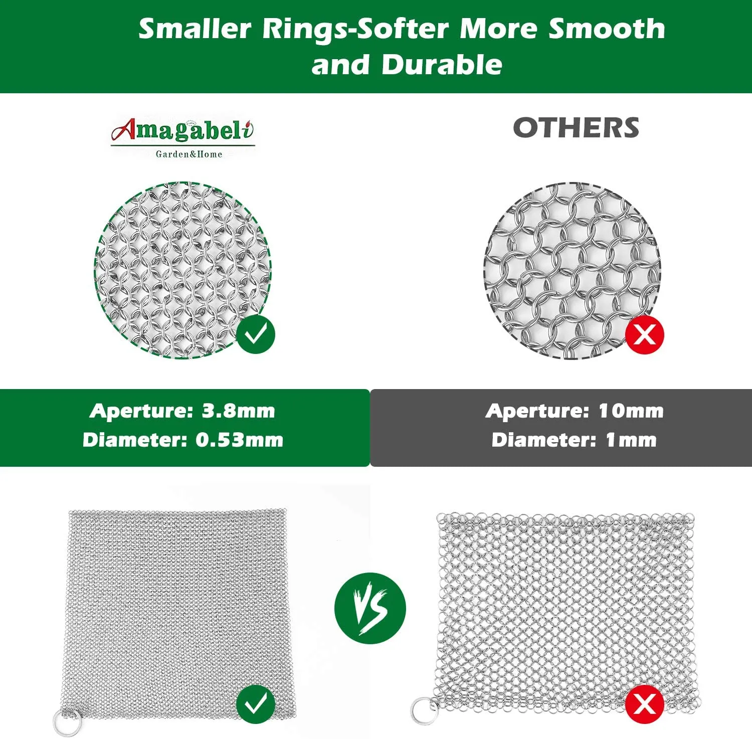 Amagabeli 7’’x7’’ Cast Iron Cleaner Premium 316 Stainless Steel Small Rings Chainmail Scrubber