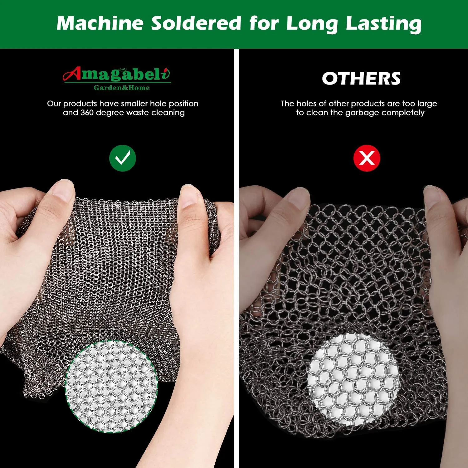 Amagabeli 7’’x7’’ Cast Iron Cleaner Premium 316 Stainless Steel Small Rings Chainmail Scrubber
