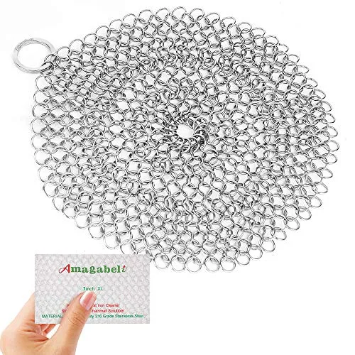 Amagabeli 7”x7” Stainless Steel Cast Iron Cleaner Chainmail Scrubber for Cast Iron Pan