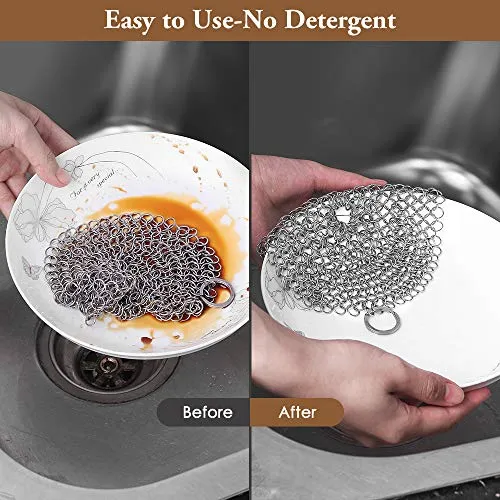 Amagabeli 7”x7” Stainless Steel Cast Iron Cleaner Chainmail Scrubber for Cast Iron Pan