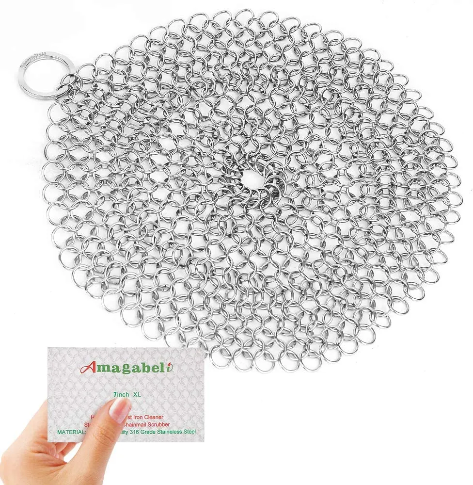 Amagabeli 8”x8” 316 Stainless Steel Cast Iron Cleaner Round Chainmail Scrubber