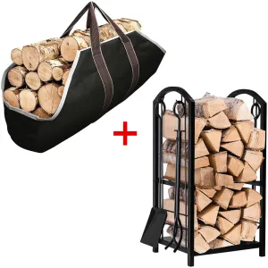Amagabeli Large Canvas Firewood Carrier Log Tote Firewood Rack with 4 Tools