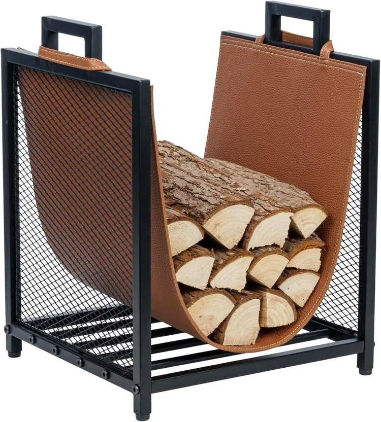 Black Metal Firewood Stand Log Holder with Brown Leatherette Sling and Handles, Compact Kindling Storage Rack