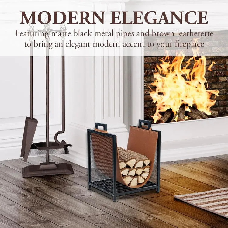 Black Metal Firewood Stand Log Holder with Brown Leatherette Sling and Handles, Compact Kindling Storage Rack