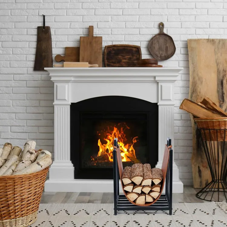 Black Metal Firewood Stand Log Holder with Brown Leatherette Sling and Handles, Compact Kindling Storage Rack