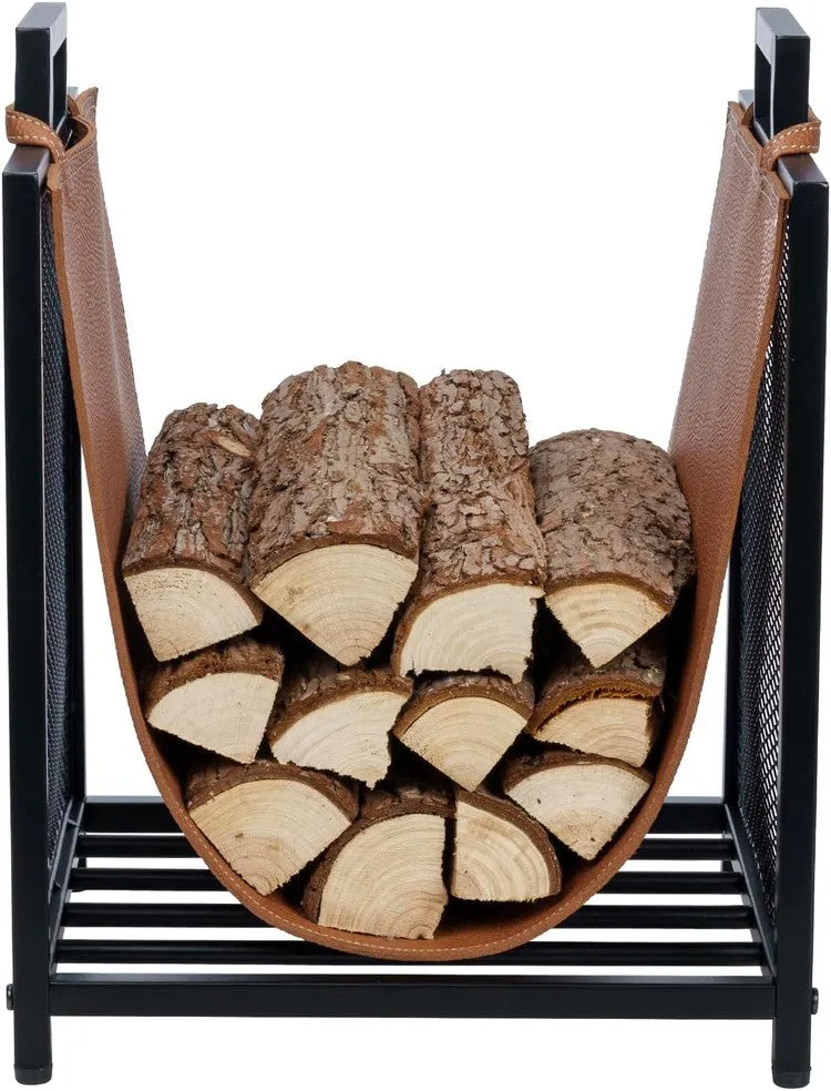 Black Metal Firewood Stand Log Holder with Brown Leatherette Sling and Handles, Compact Kindling Storage Rack