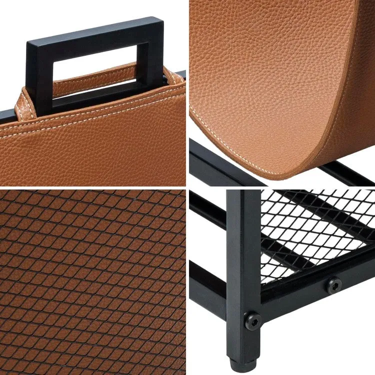 Black Metal Firewood Stand Log Holder with Brown Leatherette Sling and Handles, Compact Kindling Storage Rack