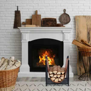 Black Metal Firewood Stand Log Holder with Brown Leatherette Sling and Handles, Compact Kindling Storage Rack
