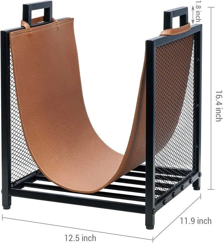 Black Metal Firewood Stand Log Holder with Brown Leatherette Sling and Handles, Compact Kindling Storage Rack