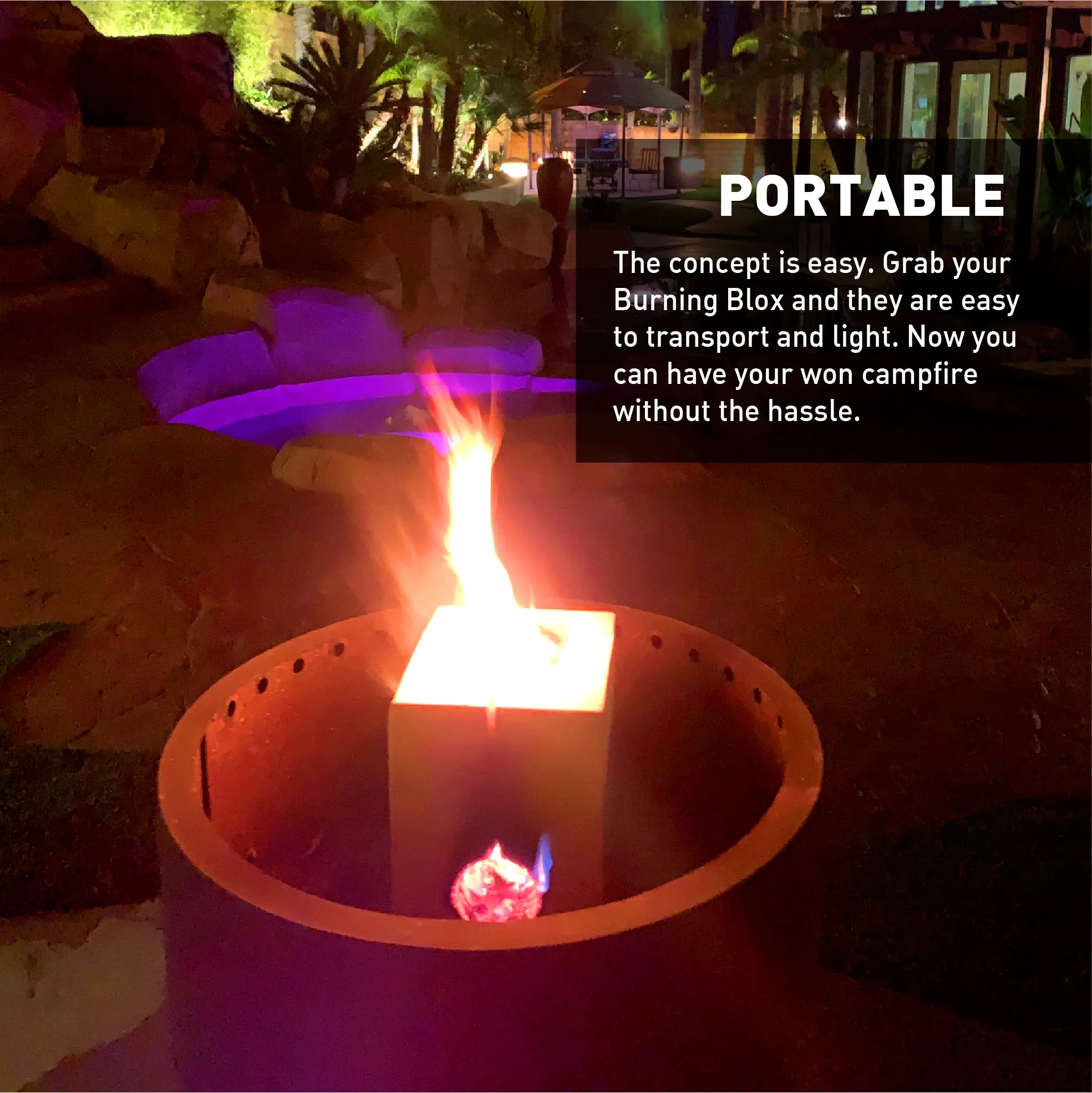 Burning BLOX Campfire Bonfire Firewood – Easy Light – Easy Clean-Up – Great for Camping, Beach and Cooking – Burns from Inside Out – 8” x 8” X 8” – Burns 2 Hours - Bonus 2 Fatwood Starters – Qty 1