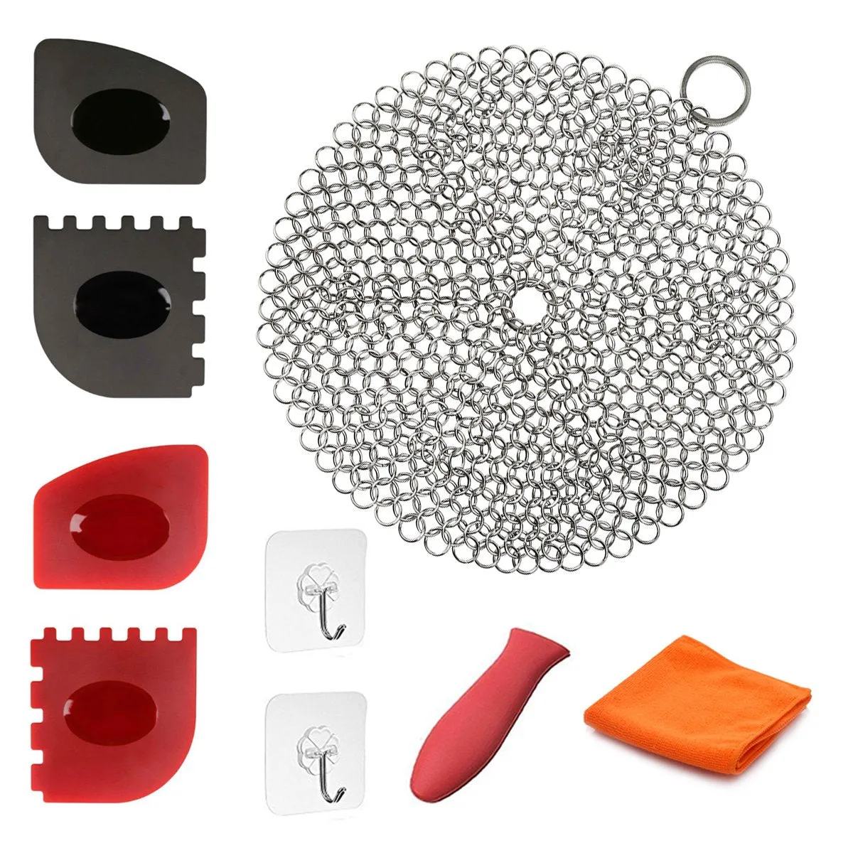 Cast Iron Cleaner 9 Packs XL 7 x 7 316L Stainless Steel Chainmail Scrubber for Skillets Cast Iron Pan With Silicone Hot Handle Holder 2 x Pan Scraper 2 x Grill Scraper Kitchen Towel (Round)