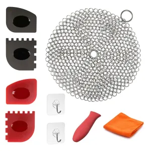 Cast Iron Cleaner 9 Packs XL 7 x 7 316L Stainless Steel Chainmail Scrubber for Skillets Cast Iron Pan With Silicone Hot Handle Holder 2 x Pan Scraper 2 x Grill Scraper Kitchen Towel (Round)