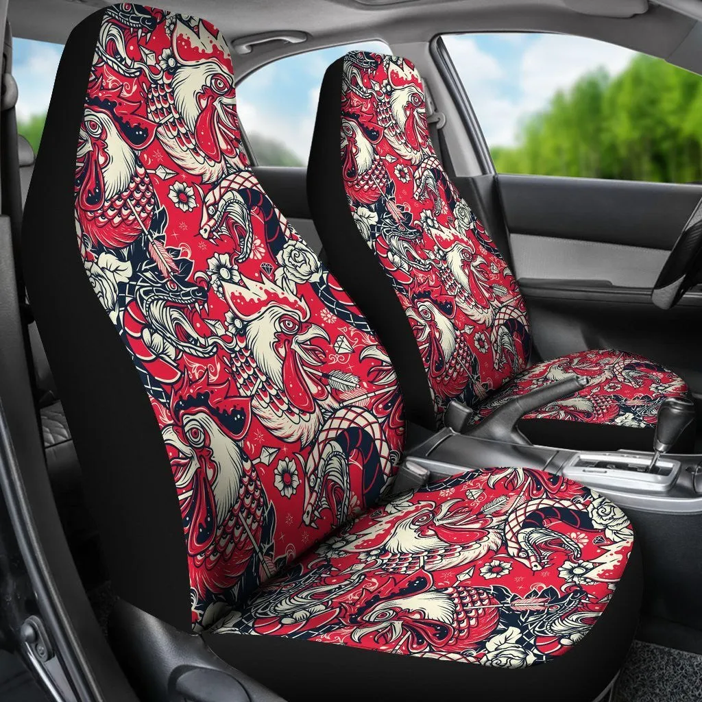 Drawing Farm Chicken Hen Pattern Print Seat Cover Car Seat Covers Set 2 Pc, Car Accessories Car Mats