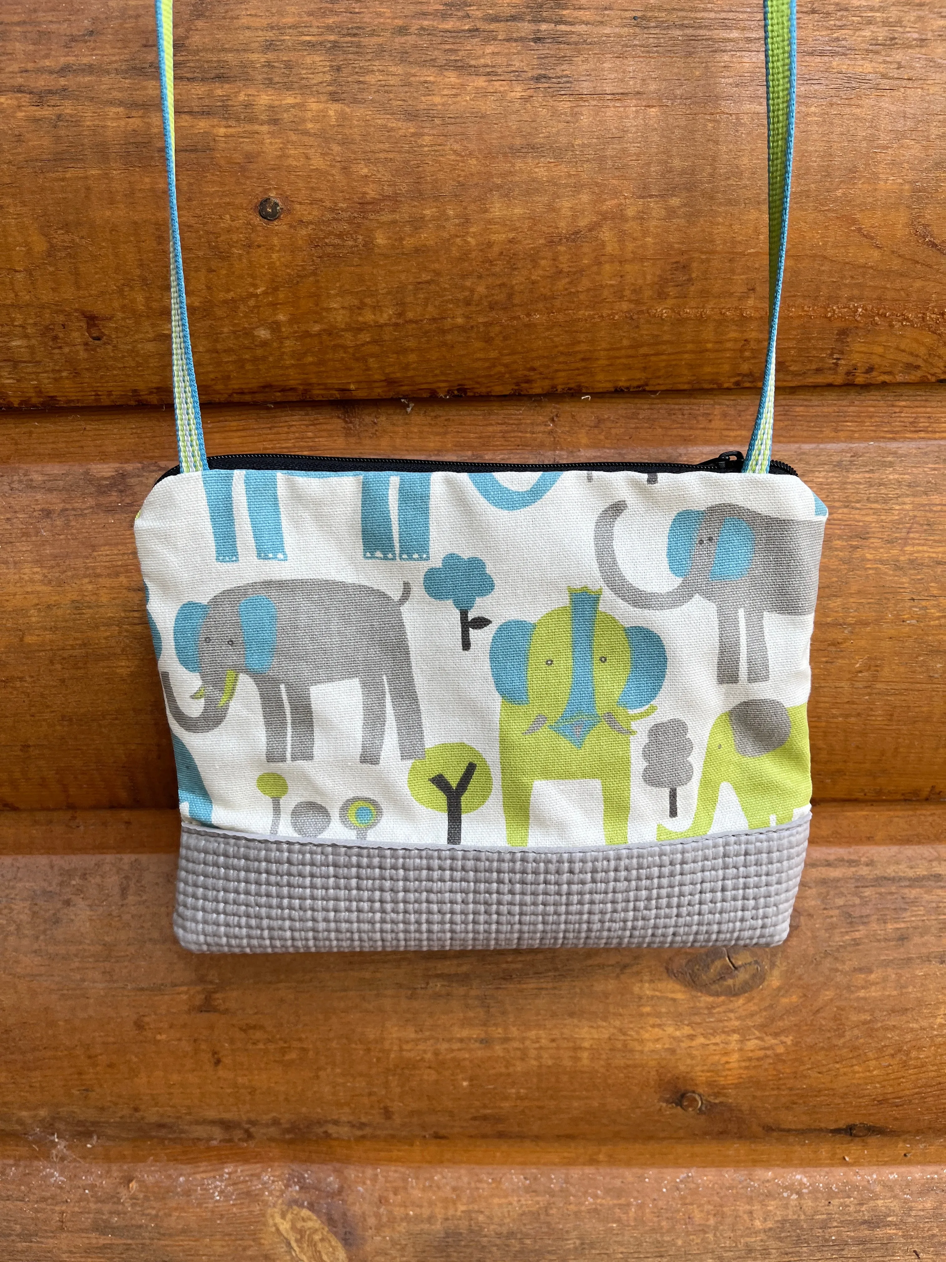 Gray Long Strap Purse - Elephant print fabric