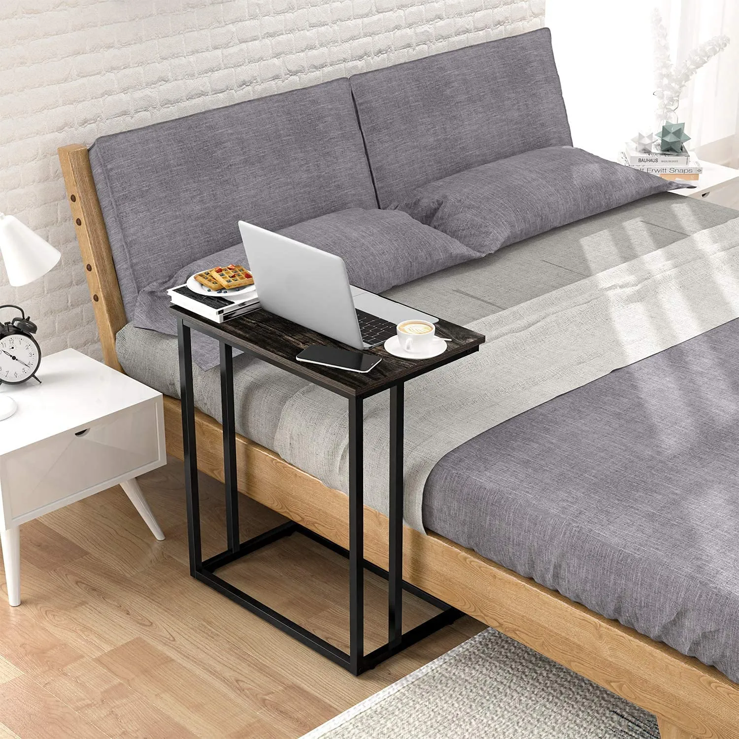 INDIAN DECOR. 21535 End Table, Durable Side Table C-Shaped Modern Sofa Table Wood Table Coffee Table Snack Table for Sofa, Couch, Bed in Living Room, Bedroom and Other Small Place, Black