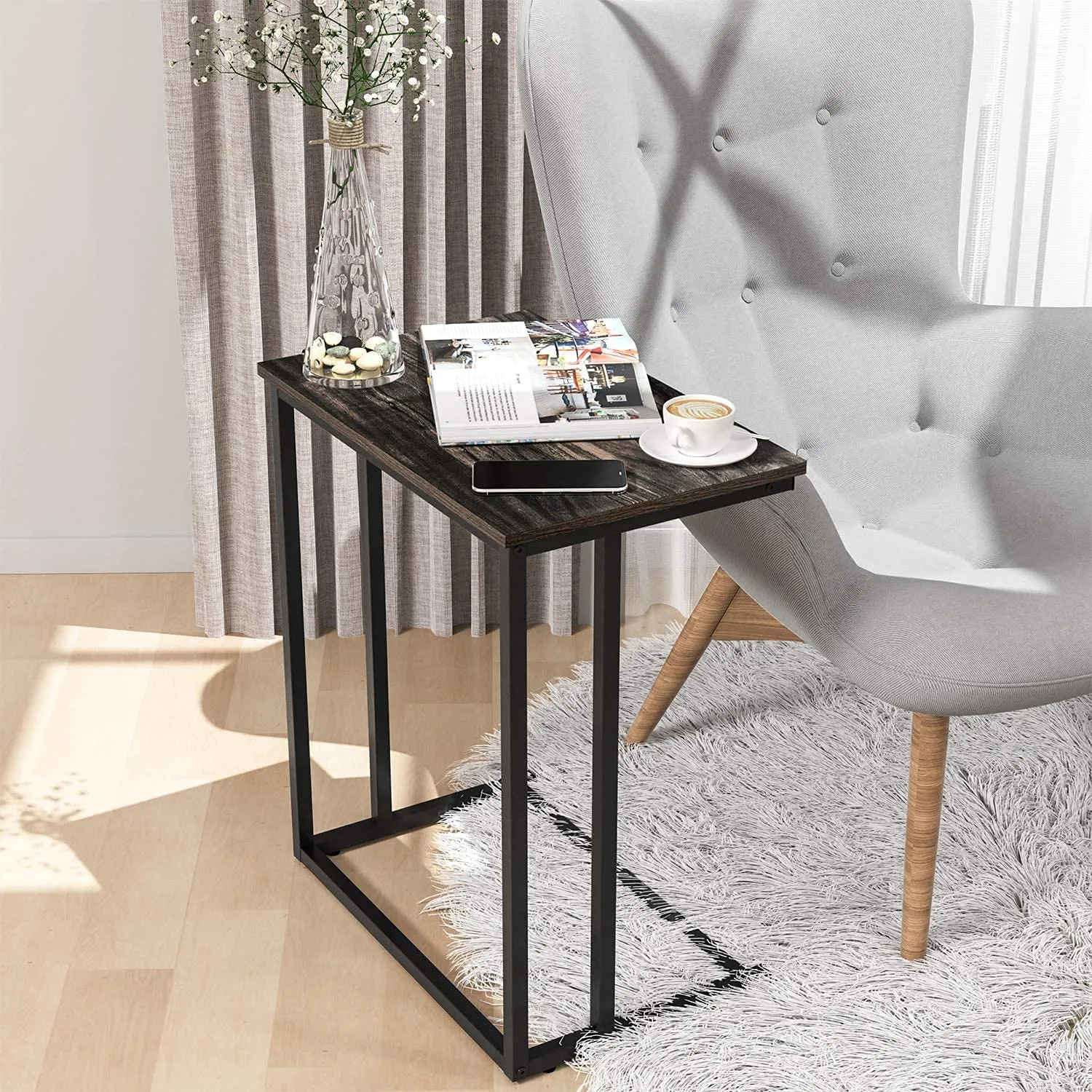INDIAN DECOR. 21535 End Table, Durable Side Table C-Shaped Modern Sofa Table Wood Table Coffee Table Snack Table for Sofa, Couch, Bed in Living Room, Bedroom and Other Small Place, Black