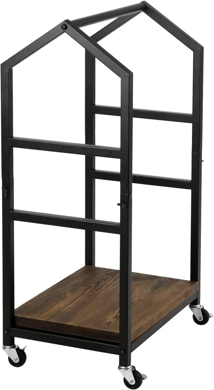 Industrial Firewood Cart in Burnt Wood and Black Metal Cottage Frame, Rolling Fire Log Lumber Holder Storage Trolley