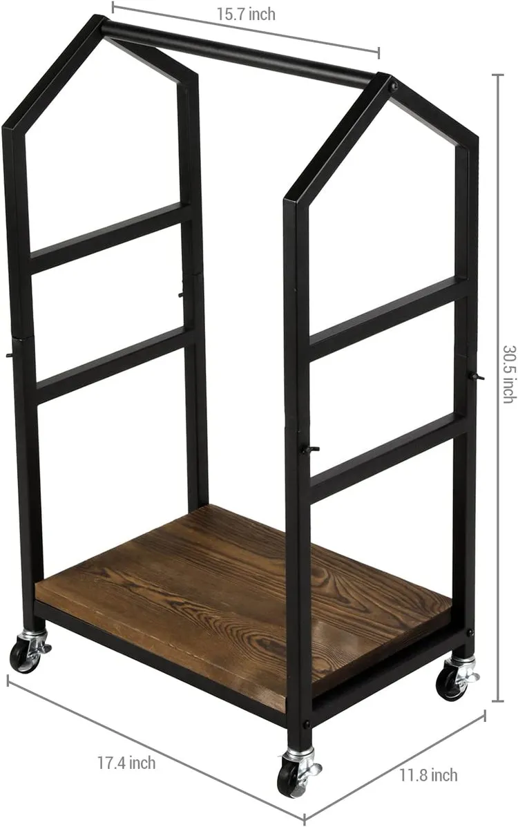 Industrial Firewood Cart in Burnt Wood and Black Metal Cottage Frame, Rolling Fire Log Lumber Holder Storage Trolley