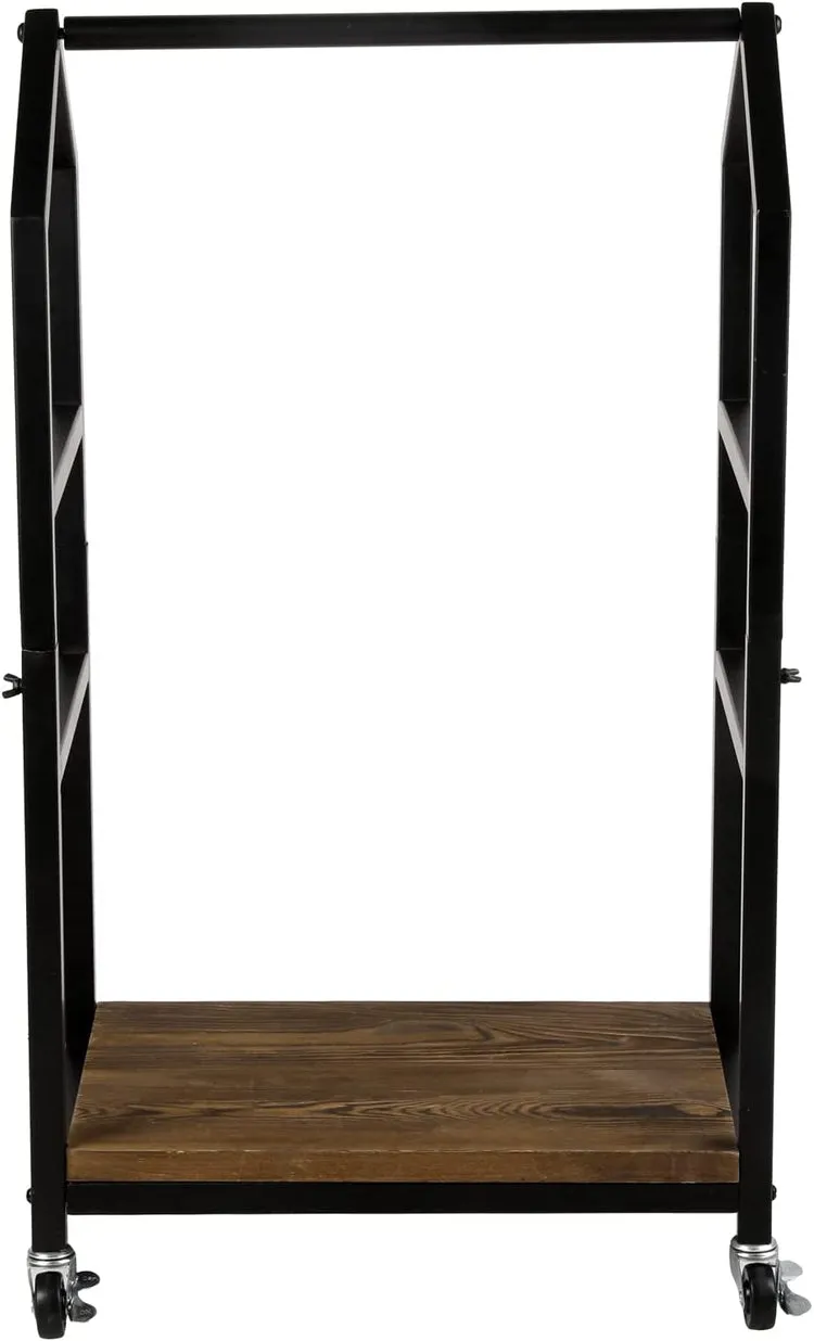 Industrial Firewood Cart in Burnt Wood and Black Metal Cottage Frame, Rolling Fire Log Lumber Holder Storage Trolley