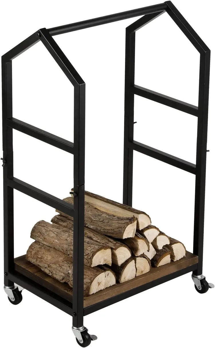 Industrial Firewood Cart in Burnt Wood and Black Metal Cottage Frame, Rolling Fire Log Lumber Holder Storage Trolley