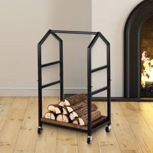 Industrial Firewood Cart in Burnt Wood and Black Metal Cottage Frame, Rolling Fire Log Lumber Holder Storage Trolley