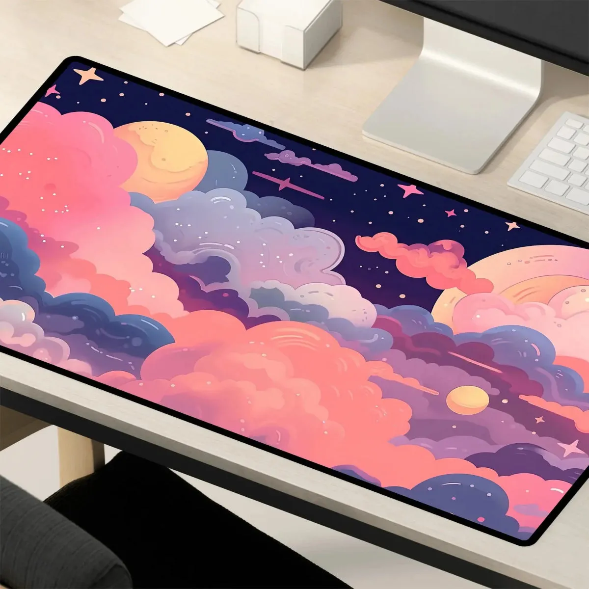 Kawaii Anime Desk Mat – Pastel Pink Night Sky Mouse Pad & Gaming Mat